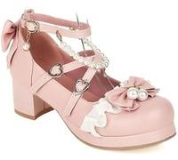 Escarpins Mary Jane pour femmes Kawaii Sweet Party Holiday Lace Bow Chaussures de soirée mignonnes Talons à lanières Lolita Chaussures habillées gothiques (Rose,39)