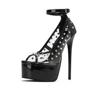 Escarpins Mary Jane pour Femmes - Talons Aiguilles à Bout Ouvert de 6 Pouces pour soirée de Mariage Glamour Vintage en boîte de Nuit,Noir,41 EU