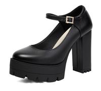 Escarpins Plateforme en Suède Talon Bloc Épais Bout Rond Mary Jane Talons Habillés Rétro Escarpins Courts Plateforme pour Mode Printanière et Style de Rue,Leather,43 EU