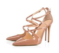 Escarpins pour Femmes à Bout Pointu en Cuir Verni avec Brides croisées - Talons Hauts d'été pour Mariages et galas du Soir,Nude,35 EU