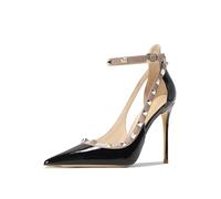Escarpins sandales femme Pointues Clous Talon haut Cuir verni Brides à la cheville Boucle talon aiguille Sexy Découpe latérale Bout fermé été Pour soirée, rendez-vous, banquet, bureau, défilé(Black 8c