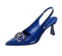 Escarpins Slingback en Cuir Verni à Bout Pointu pour Femmes Talon Aiguille à Enfiler Dos Nu Talons habillés pour soirée Rendez-Vous,Navy Blue,37 EU