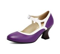 Escarpins Talons Hauts 7cm Talon Bloc Chaussures Mary Jane Rétro Bout Rond Deux Tons Bloc Couleurs pour Bureau Rendez-Vous,Violet,45 EU