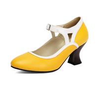 Escarpins Talons Hauts 7cm Talon Bloc Chaussures Mary Jane Rétro Bout Rond Deux Tons Bloc Couleurs pour Bureau Rendez-Vous,Jaune,45 EU
