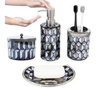 Escenzy Lot de 4 accessoires de salle de bain modernes noirs et dorés | Distributeur de savon luxueux, porte-brosse à dents, pot en verre de coton, petit plateau | Décoration de salle de bain noire et