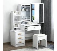 Escritorio de Maquillaje - Bureau de Maquillage avec Miroir, étagères Ouvertes et tiroir verrouillable - Ensemble de vanité de Chambre avec Tabouret(Without,918left)