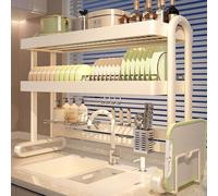 Escurreplatos grande sobre el fregadero, estante de acero al carbono multifuncional de 2 niveles que ahorra espacio para almacenar y organizar platos y cuencos inoxidables (75 cm/29,5 pulgadas)