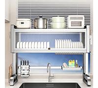 Escurreplatos sobre el fregadero con puerta abatible, soporte para cubiertos de acero inoxidable, organizador de mostrador que ahorra espacio, para platos, cuencos, tazas y tapas de ollas (30.3")