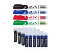 ESENG® Magic WM-218 Marqueur pour tableau blanc & WM-218T Cartouche d'encre, paquet comprenant un marqueur (1x4 couleurs) & des cartouches d'encre (12x noir+12X bleu)