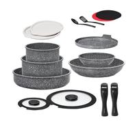 ESEVOLO Batterie de cuisine 16 pièces induction, Lot de Casseroles et Poêles 20cm/28cm avec poignées amovibles, Empilable, Revêtement Antiadhésif en Céramique sans PFAS, avec Crêpiere, Gris