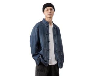 ESFHWYP Veste en jean pour hommes avec boutons de costume Tang de style chinois - Veste de robe-Blue-M