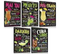 ESFIVHO Lot de 5 Cocktail Recette Plaque Metal Vintage 20x30cm - Cocktails Guide Panneau Pancarte Affiche Poster - Decoration Murale Accessoire Pour Bar Pub Cuisine Bistrot