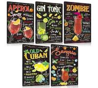 ESFIVHO Lot de 5 Cocktails Recette Plaque Metal Vintage 20x30cm - Cocktail Guide Panneau Pancarte Affiche Poster - Decoration Murale Accessoire Pour Bar Pub Cuisine Bistrot