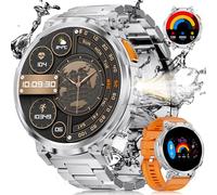ESFOE Montre Connectée Homme avec Torche LED(730mAh Akku), 1.85'' HD Écran Montre Connectée avec Appels Bluetooth, IP68 Étanche Smartwatch avec 24/7 Fréquence Cardiaque, SpO2 pour Android iOS,Argent