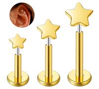ESHIONER G23 Titane Conch Medusa Tragus Helix Studs Oreille Labret Levres Bouche Bioflex Push In Flat Boucles d'oreilles Cartilage Star Or 16g 6mm 8mm 10mm Hypoallergénique Piercing Bijoux