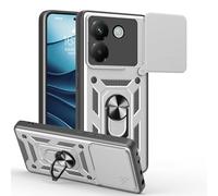 ESHUYI Coque pour Xiaomi Poco M7 Pro 5G avec Lentille Coulissante Couverture et Support Rotatif, Anti-Chute Étui Housse Compatible avec Support De Voiture Magnétique, Argent