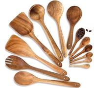 Esie Houzie - Lot de 13 ustensiles de cuisine en bois d'acacia, comprenant des cuillères en bois, une spatule, une louche, des cuillères à mesurer, ustensiles en bois antiadhésifs pour la cuisine