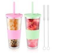 Esilihom Lot de 2 tasses à thé aux perles réutilisables, 730 ml à large goulot avec paille, étanche pour boissons Boba, smoothie, café glacé (vert et rose)
