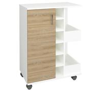 Esilo module de cuisine sur roulettes 1 porte, 2 tablettes, 6 vintablettes décor chêne, blanc.