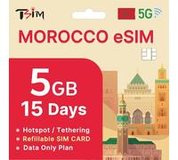 eSIM Maroc 15 Jours - 5 Go de données | Données à Haut débit 5G/4G | eSIM en 24 Heures | Hotspot activé | eSIM Rechargeable | Forfait données Uniquement