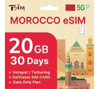 eSIM Maroc 30 Jours - 20 Go de données | Données à Haut débit 5G/4G | eSIM en 24 Heures | Hotspot activé | eSIM Rechargeable | Forfait données Uniquement
