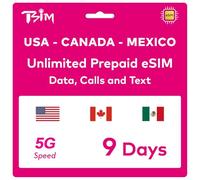 eSIM TSIM prépayée pour 9 jours | Données illimitées 4G/5G aux États-Unis + données à basse vitesse au Canada et au Mexique | Appels locaux illimités + Appels/SMS entrants gratuits.