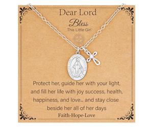 Esirly Cadeau de première communion, confirmation, baptême - Collier avec croix Vierge Marie pour femme, collier plaqué or 14 carats / argent - Bijoux religieux 45,7 cm + 5,7 cm, 20 inches, Laiton