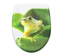 eSituro Abattant de Toilette, Siège WC en Forme de O à Fermeture Douce, Montage par le Haut, Déverrouillage Rapide, Charnières Réglables à 360°, en Duroplast, Grenouille sur feuilles vertes