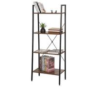 eSituro Bibliothèque Étagère de Rangement, à 4 Niveaux, en Métal et Bois Aggloméré, Étagère Échelle, 60x35x148cm, Bois Foncé+Noir SSTR0053