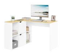 eSituro Bureau d'Ordinateur en L, Table d'angle avec 6 Cassiers de Rangement, pour Bureau à Domicile, Chambre, Studio, 118x100x75 cm, Chêne Clair+Blanc