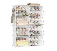 eSituro Meuble Chaussures à Cubes Empilables, Étagère de Rangement 2x8 Casiers Modulables DIY, avec Portes et Crochets, pour 16 Paires de Chaussures, en Panneaux PP, avec Maillet, Blanc