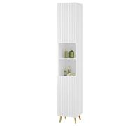 eSituro Meuble Colonne de Salle de Bain à 6 Cubes, Placard avec 2 Portes et 2 Compartiments Ouverts, Armoire Haute et Étroite avec Étagères Réglables, Pieds en Métal Doré, Blanc, 30x28x180 cm