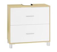 eSituro Meuble sous Lavabo Salle de Bain, Meuble sous Vasque, avec 2 Tiroirs, Découpe de Siphon 15x20 cm, en Bois d'Ingénierie E1, Pieds Surélevés, Blanc+Chêne, 60x30x60 cm