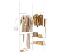 eSituro Penderie Télescopique, Portant à Vêtements, Dressing avec 3 Tringles de Suspension, 2 Étagère et 2 Rangée de Crochets Latéraux, Blanc Mat