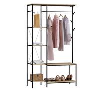 eSituro Portant à Vêtements avec Banc, Design 3 en 1,Tringle, Étagère de Rangement à 4 Niveaux et 4 Crochets, pour Hall, Bureau, Chambre à Coucher, 100x175x40 cm, Chêne Clair Noir