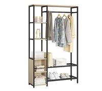 eSituro Portant à Vêtements avec Porte-Chaussures, Porte-Manteau Industriel avec 2 Compartiments et 3 Étagères Ouvertes, en Bois et Métal, Vestiaire Entrée, Couloir, Chambre à Coucher