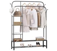 eSituro Porte-vêtements à Double Tringle, Design 4 en 1, avec Étagère à Chaussures à 2 Niveaux, Étagères Latérales à 3 Niveaux, 4 Crochets, Métal, Noir, 164x130x33,5 cm