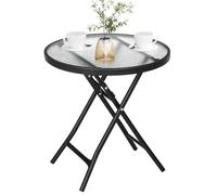 eSituro Table de Jardin Pliante, Table de Balcon, pour Terrasse, en Verre Trempé, Noir+Transparent, Ronde Ф46x47,5cm
