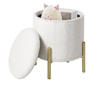 eSituro Tabouret avec Espace de Rangement, Pouf Pliable sur Pieds Métalliques, Coffre Rond avec Couvercle Rembourré pour Salon Chambre, en Polaire Teddy Ø35xH41 cm, Blanc