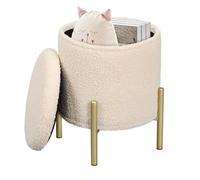 eSituro Tabouret avec Espace de Rangement, Pouf Pliable sur Pieds Métalliques, Coffre Rond avec Couvercle Rembourré, pour Salon Chambre Ottoman Rond en Polaire Teddy Ø35xH41 cm Beige
