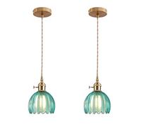 ESKED Suspension Vintage en Verre avec Douille E27 et Interrupteur Rotatif, Luminaire Plafonnier avec Abat-Jour en Forme de Pétale pour Cuisine, Salle à Manger ou Chambre (bleu, 2 pièces)
