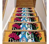 Eslifey Day of the Dead Horse Lot de 15 tapis d'escalier antidérapants pour marches en bois pour chiens, enfants, personnes âgées avec adhésif réutilisable 76,2 x 20,3 cm, jaune