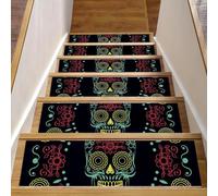 Eslifey Day of the Dead Lot de 15 tapis d'escalier d'intérieur antidérapants pour marches en bois avec adhésif réutilisable 76,2 x 20,3 cm Motif crâne en sucre floral