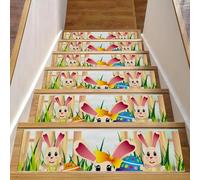Eslifey Lot de 15 tapis d'escalier antidérapants pour chiens et enfants avec adhésif réutilisable - Motif chasse aux œufs de Pâques avec œufs à colorier et lapin mignon (2) - 76,2 x 20,3 cm