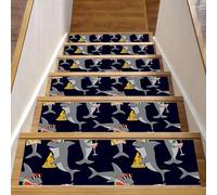 Eslifey Lot de 15 tapis d'escalier antidérapants pour escaliers en bois, motif requins d'été avec lunettes de soleil, mangent de la pastèque, 76,2 x 20,3 cm, avec adhésif réutilisable