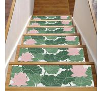 Eslifey Lot de 15 tapis d'escalier antidérapants pour marches en bois, bordures d'escalier pour enfants, personnes âgées et animaux domestiques avec adhésif réutilisable, fleurs de lotus et feuilles
