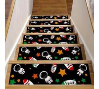 Eslifey Lot de 15 tapis d'escalier antidérapants pour marches en bois, bordures d'escalier pour enfants, personnes âgées et animaux domestiques avec adhésif réutilisable, motif cosmonautes, vaisseaux