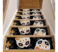 Eslifey Lot de 15 tapis d'escalier antidérapants pour marches en bois, bordures d'escalier pour enfants, personnes âgées et animaux domestiques avec adhésif réutilisable, jour des morts, chat, tête de