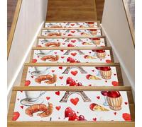 Eslifey Lot de 15 tapis d'escalier antidérapants pour marches en bois, bordures d'escalier pour enfants, personnes âgées et animaux domestiques avec adhésif réutilisable, tour Eiffel, cœur, thé, vin
