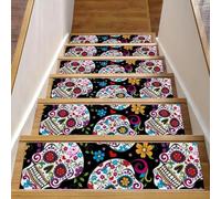 Eslifey Lot de 15 tapis d'escalier antidérapants pour marches en bois, bordures d'escalier pour enfants, personnes âgées et animaux domestiques avec adhésif réutilisable, crânes en sucre 20,3 x 76,2